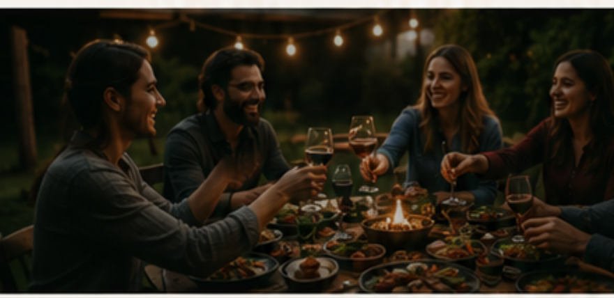 Friends toasting around an outdoor dinner table