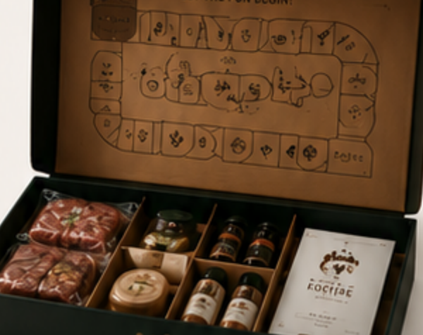 An opened Cook Me box with meats, sauces and a game board